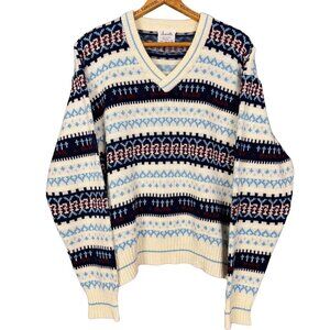 Vintage 80s Fair Isle Knit Sweater Cabincore V Neck Pullover Cozy Retro Knitwear